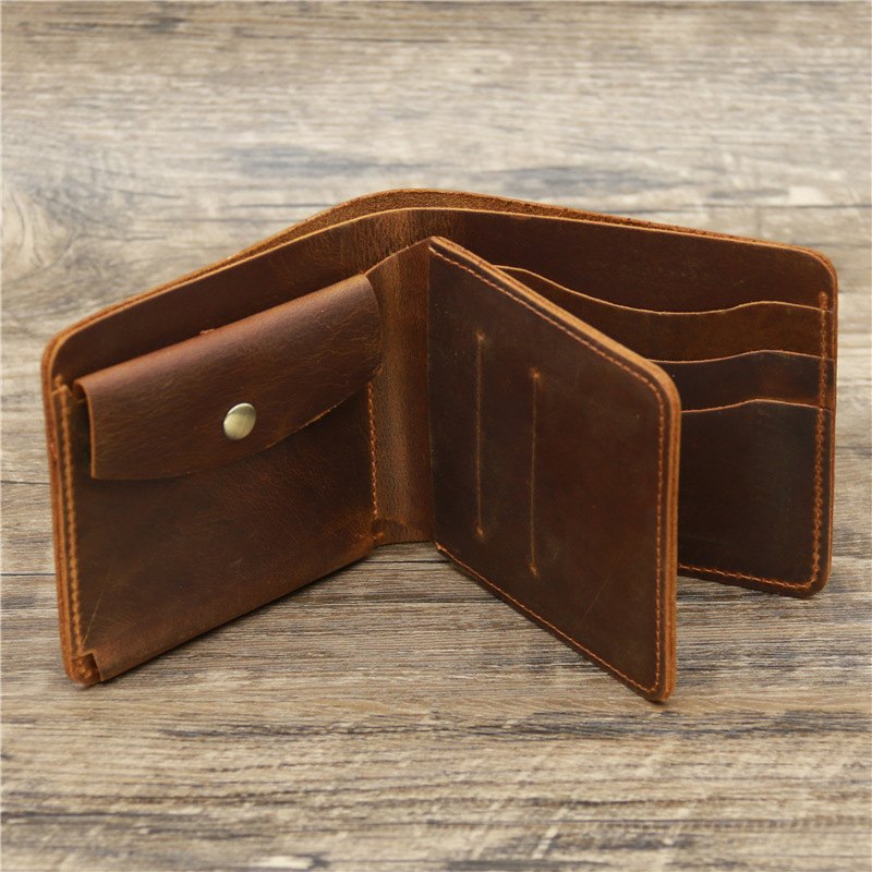 Crazy Horse Leather Bifold Wallet for Men, Red Brown — view 3