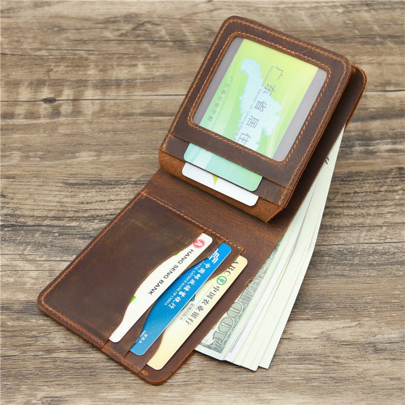 Crazy Horse Leather Bifold Wallet for Men, Red Brown — view 4