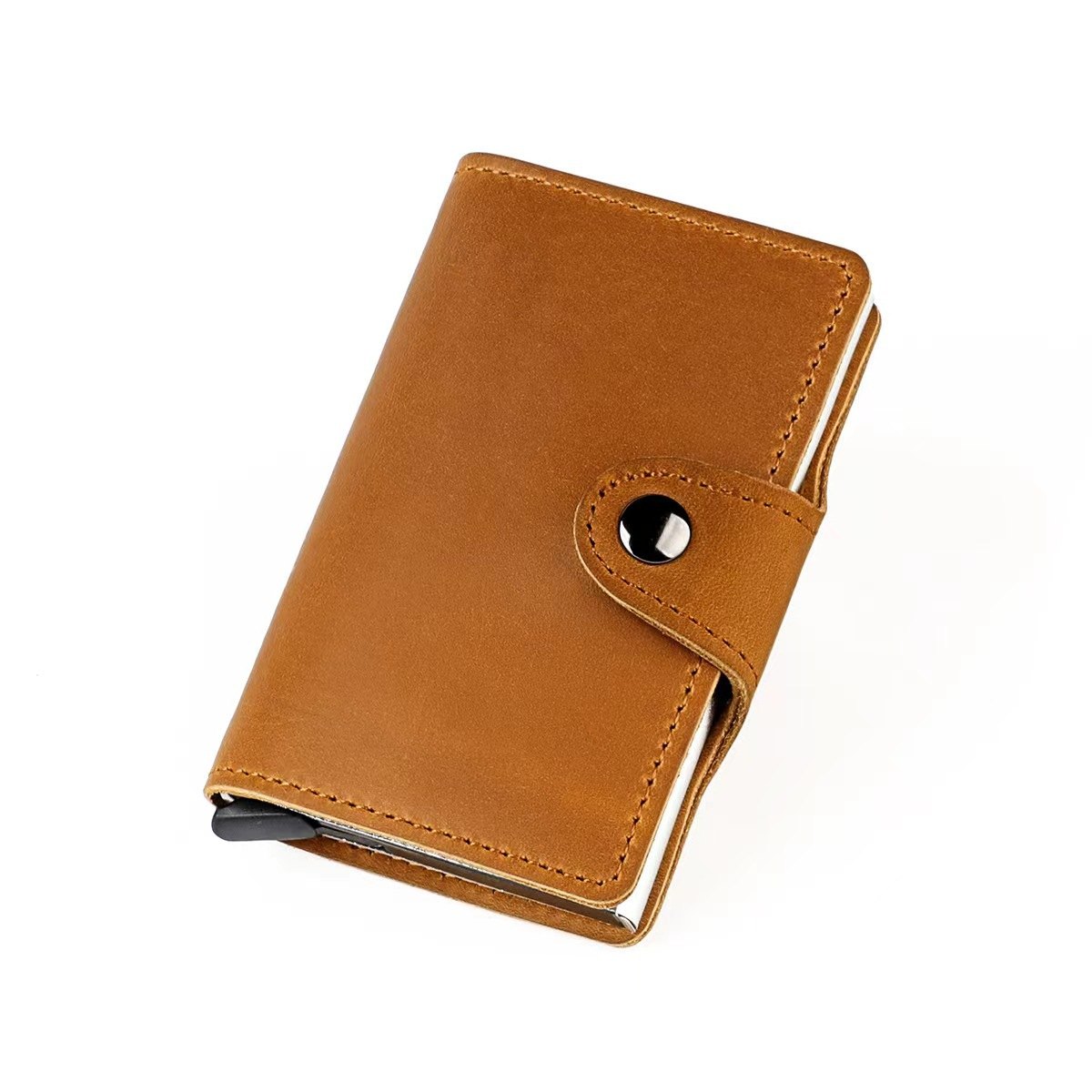 Leather Pop-Up Card Holder with Aluminium Card Case, Tan — view 1