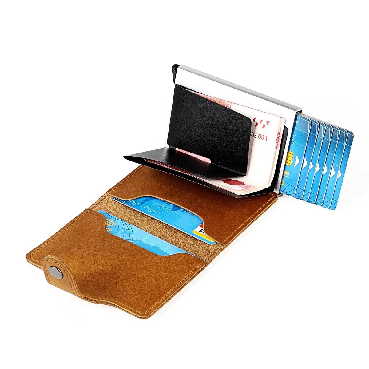 Leather Pop-Up Card Holder with Aluminium Card Case, Tan — view 2